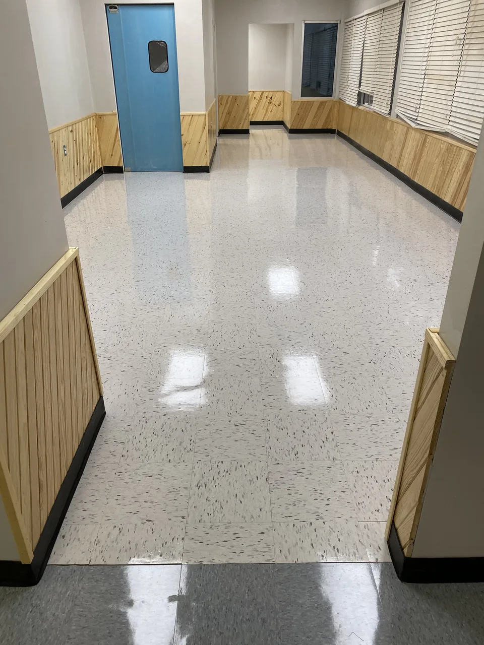 Completed white VCT floor-care project at a local commercial restaurant facility